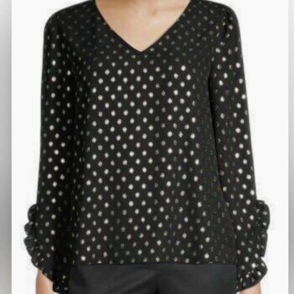 Worthington Metallic Gold Polka Dot Ruffle Sleeve V-Neck Blouse Black Medium